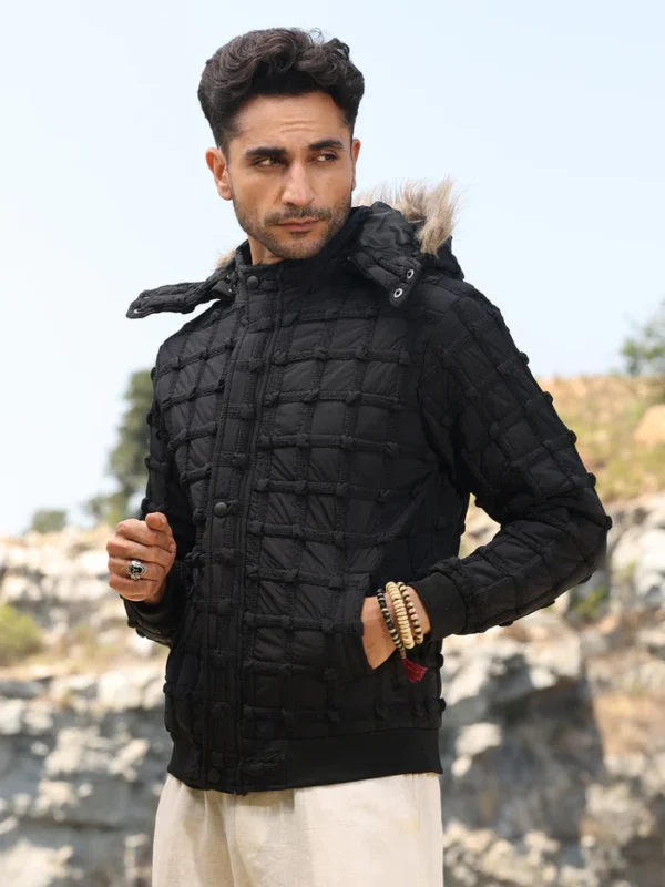 Self-Design Puffer Jacket With Fleece Hood - Image 3